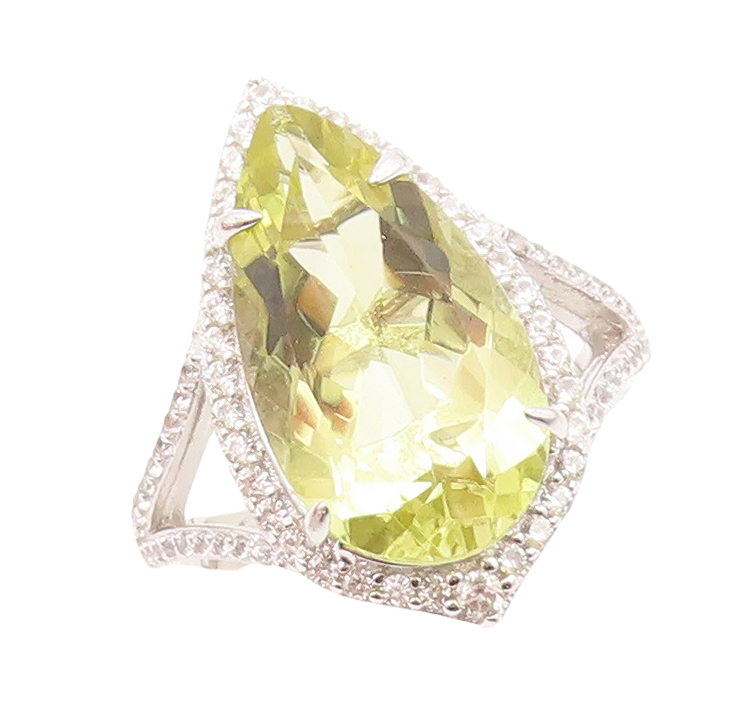 925 Sterling Silver Vintage Ring Modernist Drop Cut Citrine & CZ  Sz 7 RG30517