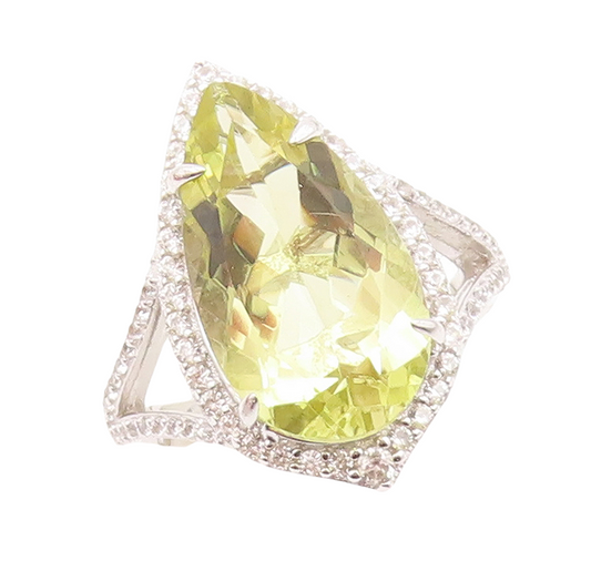 925 Sterling Silver Vintage Ring Modernist Drop Cut Citrine & CZ  Sz 7 RG30517