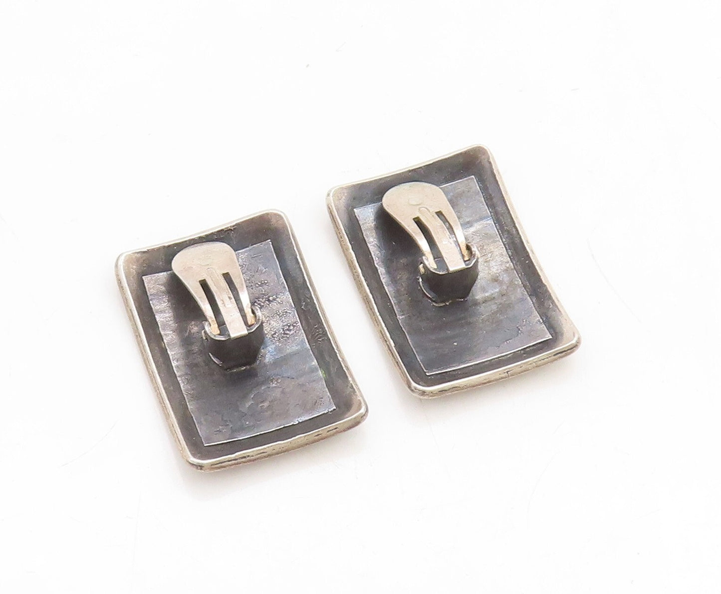 925 Sterling Silver Vintage Earrings Dark Tone Brutalist Etched Framed  EG13309