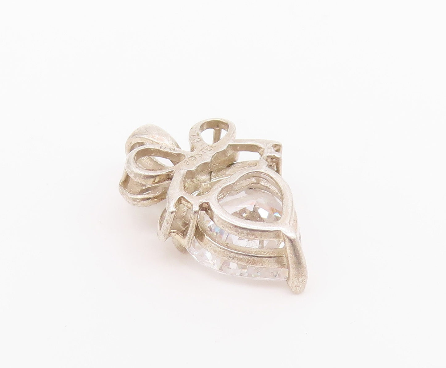 925 Sterling Silver Vintage Pendant Modernist Heart Cut Topaz With Bow  PT24275