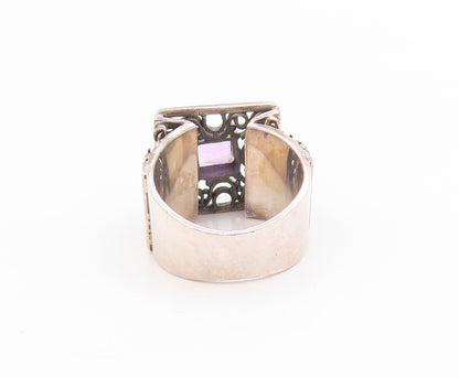 925 Sterling Silver Vintage Ring Amethyst Etched Swirly Cut Out  Sz 6  RG33578