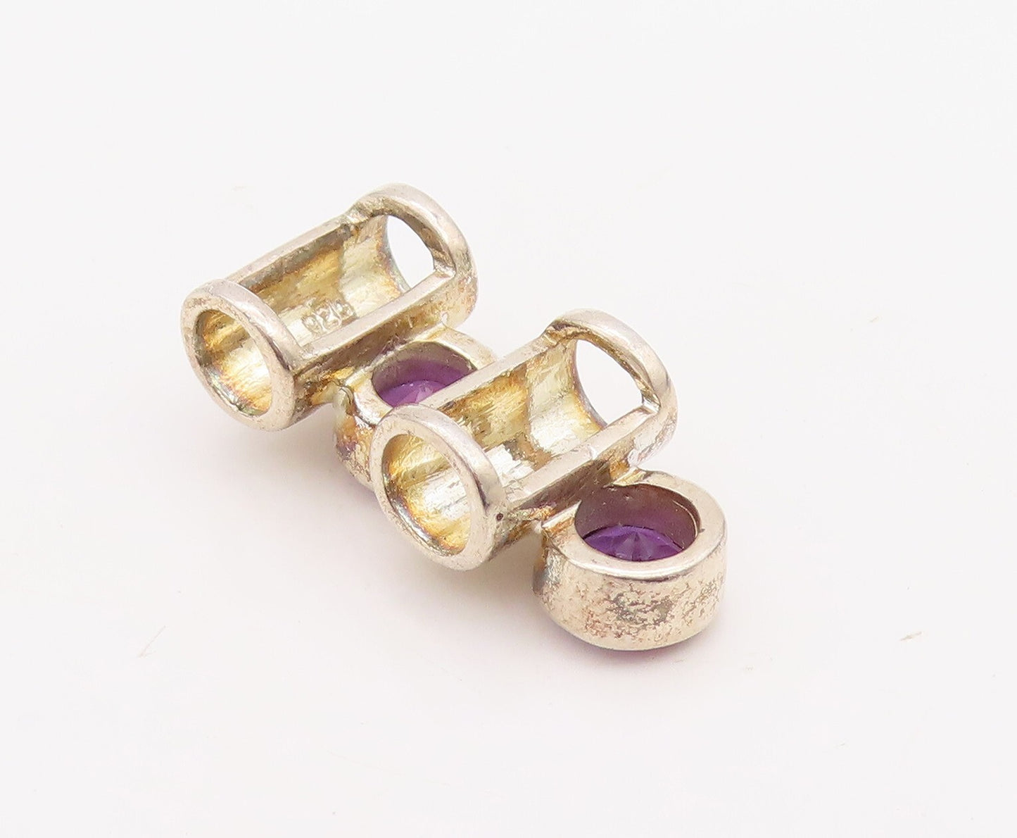 925 Sterling Silver Vintage Pendant Solid Round Cut Amethyst & Cylinders PT23548