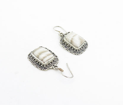 925 Sterling Silver  Vintage Cabochon Cut Grey Agate Dangle Earrings  EG3759