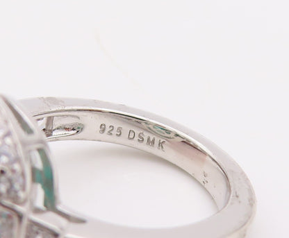 925 Sterling Silver Vintage Ring Round Sea Green Halo White CZ  Sz 7.5  RG29898