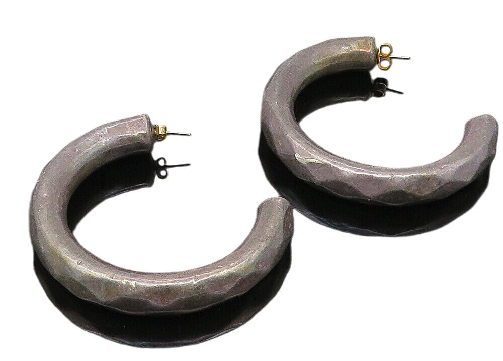 ISRAEL 925 Silver   Vintage Dark Tone Hollow Hammered JHoop Earrings  EG5755