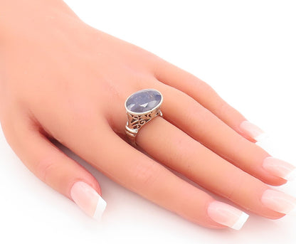 925 Sterling Silver Vintage Ring Oval Cut Sapphire Swirly Carved  Sz 7  RG29262