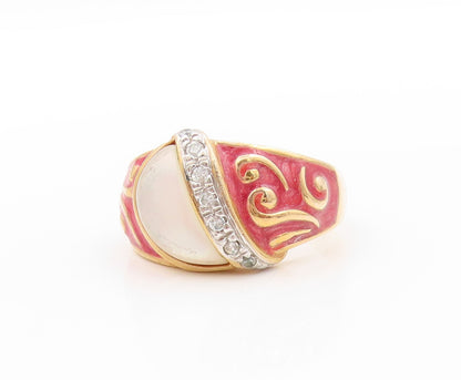 925 Sterling Silver Vintage Ring Gold Plated Mother Of Pearls CZ  Sz 9  RG32563