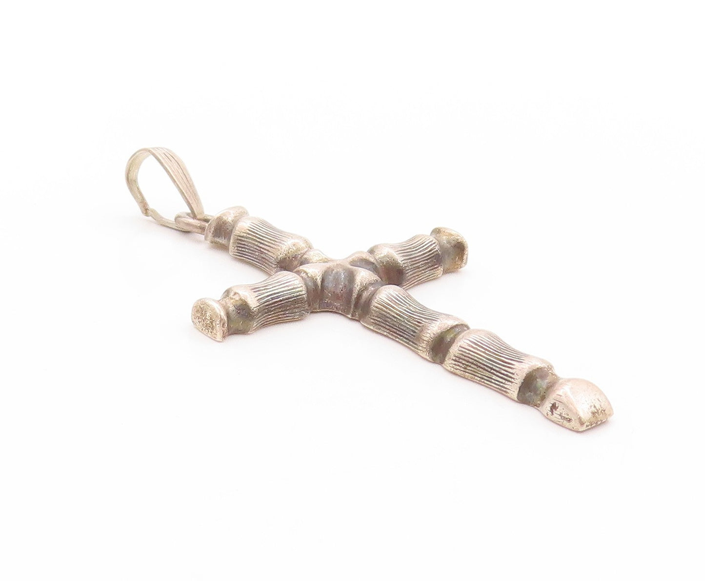 925 Sterling Silver Vintage Pendant Religious Carved Bamboo Stick Cross  PT24183