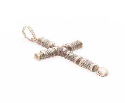 925 Sterling Silver Vintage Pendant Religious Carved Bamboo Stick Cross  PT24183