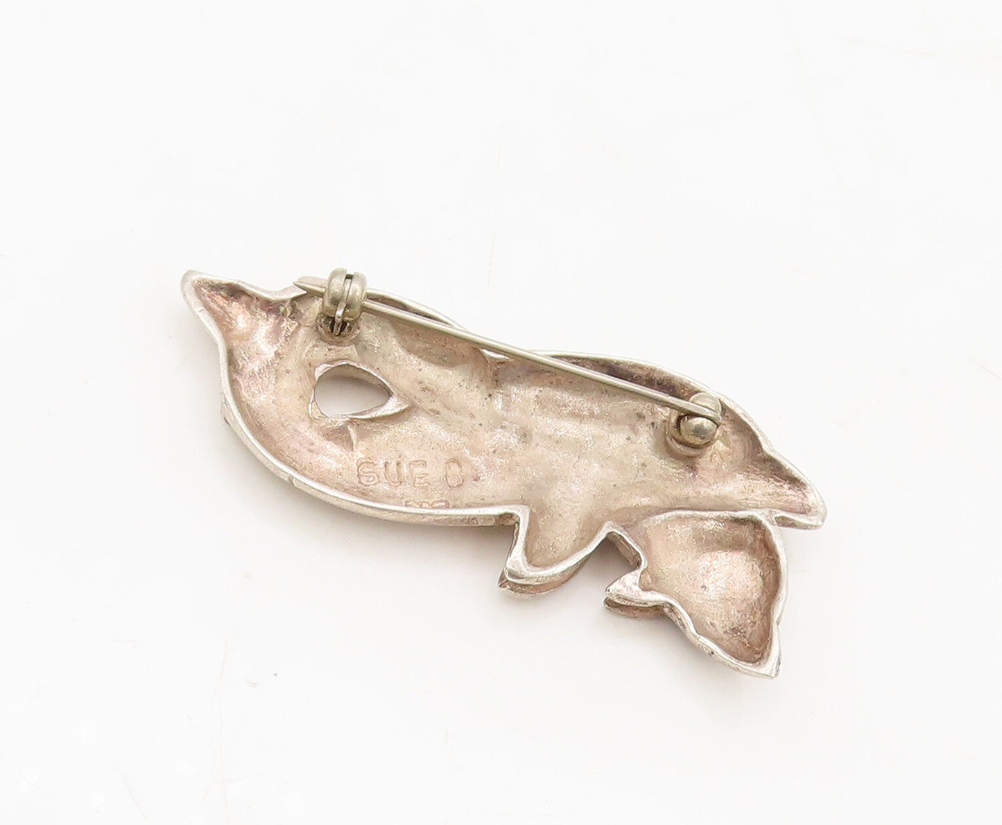 925 Sterling Silver Vintage Brooch Pin Carved Swimming Dolphin's Family  BP10609