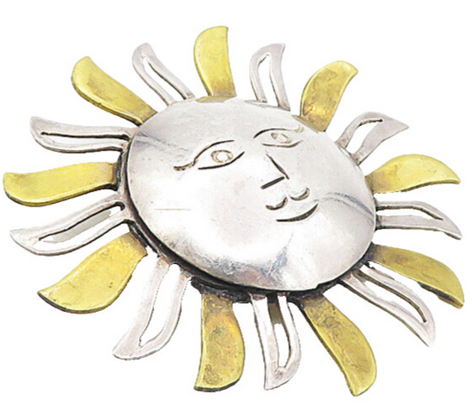 MEXICO 925 Sterling Silver  Vintage 2 Tone Etched Sun Face Brooch Pin  BP3119