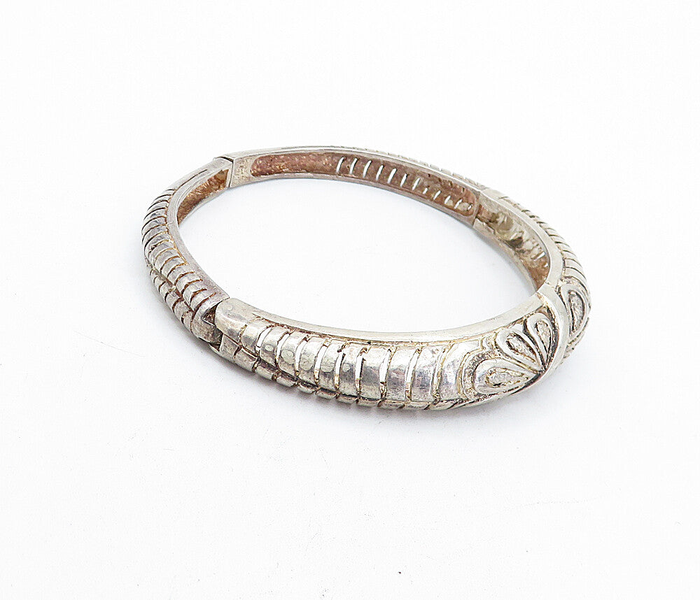 925 Sterling Silver  Vintage Floral Cutout Round Hinge Bangle Bracelet  BT1568