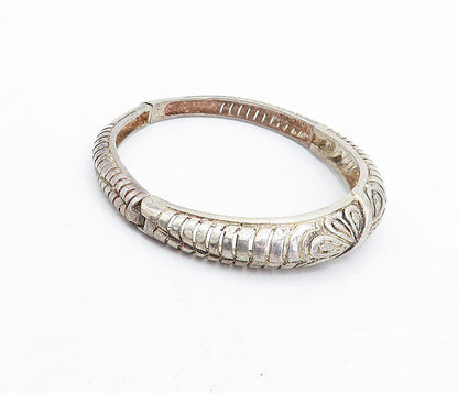 925 Sterling Silver  Vintage Floral Cutout Round Hinge Bangle Bracelet  BT1568