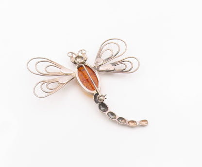 925 Sterling Silver Vintage Brooch Pin Cabochon Amber Winged Dragonfly  BP12579