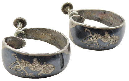 SIAM 925 Silver  Vintage Antique Niello Dancer Non Pierce Hoop Earrings EG6317