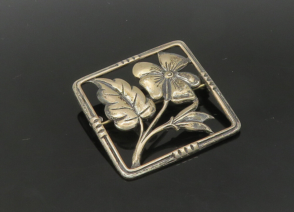 925 Sterling Silver  Vintage Dark Tone Flower Motif Square Brooch Pin  BP8293