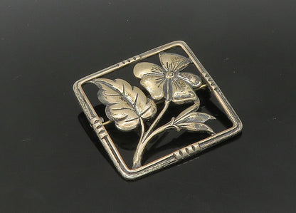925 Sterling Silver  Vintage Dark Tone Flower Motif Square Brooch Pin  BP8293