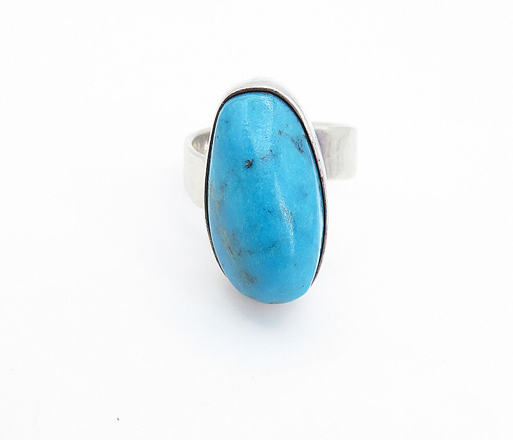 925 Sterling Silver  Vintage Turquoise Shiny Oval Cocktail Ring Sz 8.5  RG7160