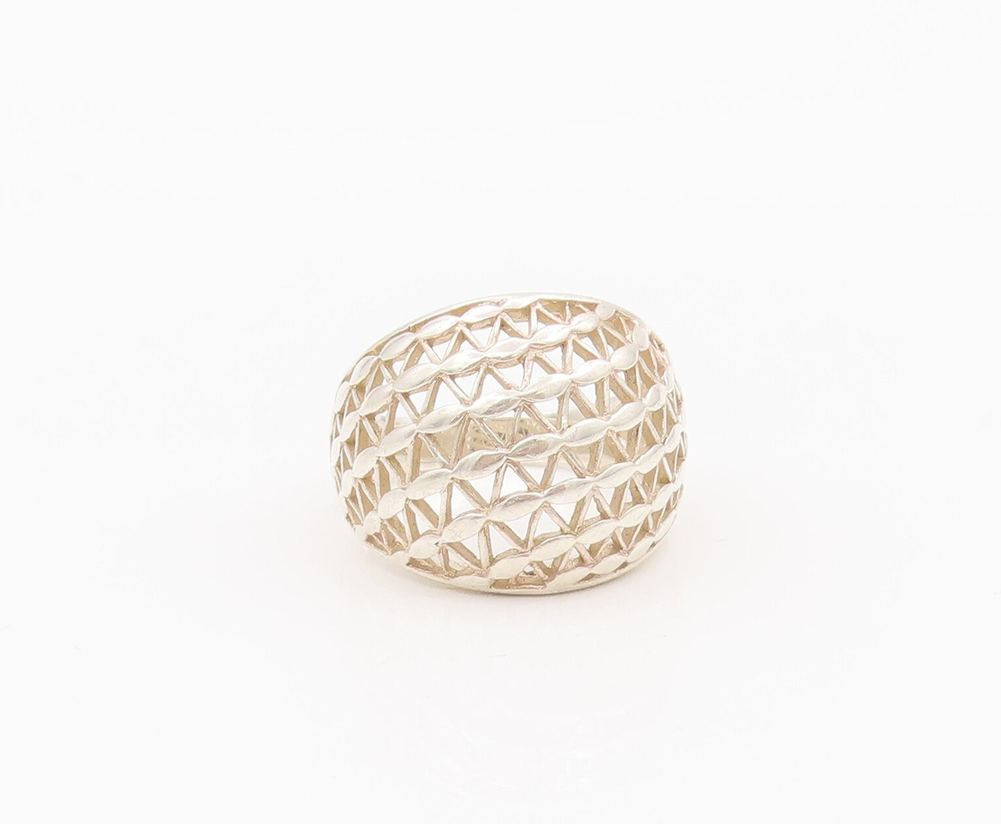 925 Sterling Silver Vintage Ring Floral Effect Cutout Domed Net  Sz 9.5  RG28153