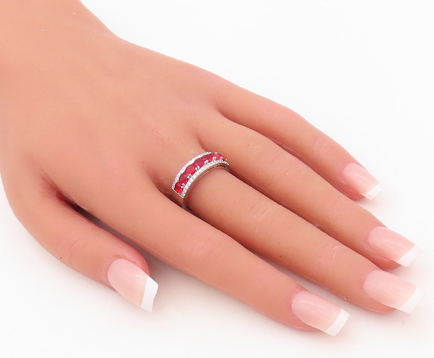925 Sterling Silver Vintage Ring Minimalist Red & White CZ Bands Sz 7.5  RG30238