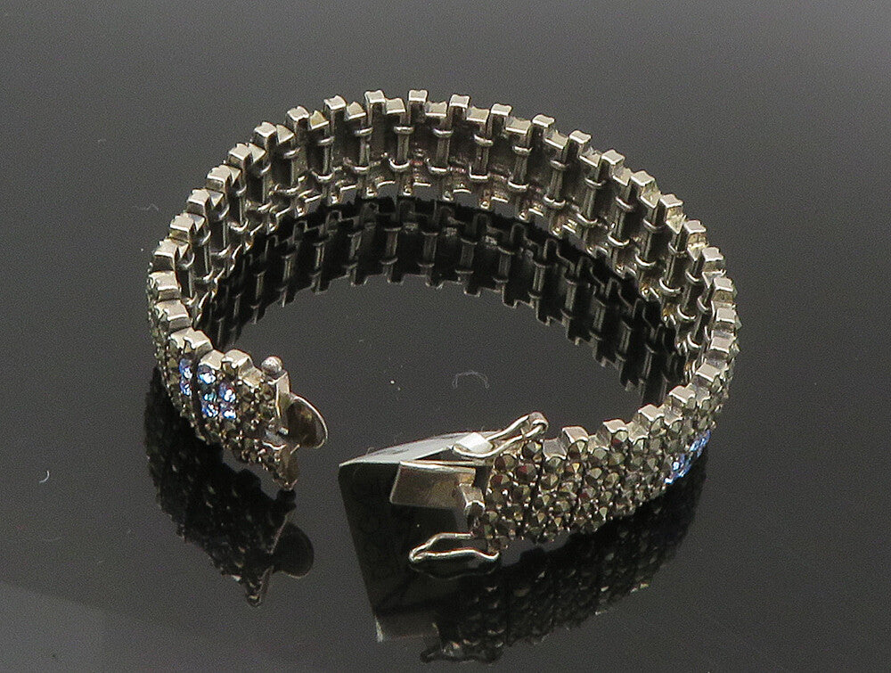 925 Sterling Silver  Topaz & Marcasite Floral Tennis Bracelet  BT1015