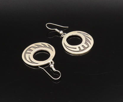 925 Sterling Silver  Vintage Open Circle Carved Design Dangle Earrings EG12166