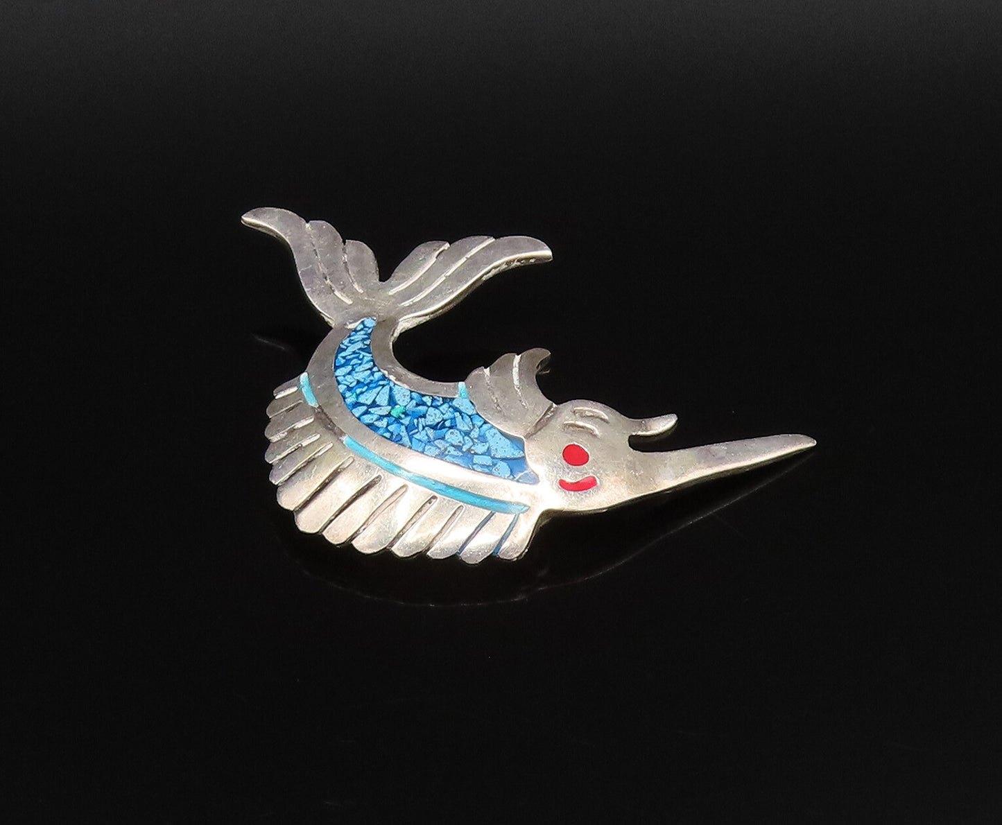 EVC MEXICO 925 Silver  Vintage Enamel & Turquoise Swordfish Brooch Pin  BP9990