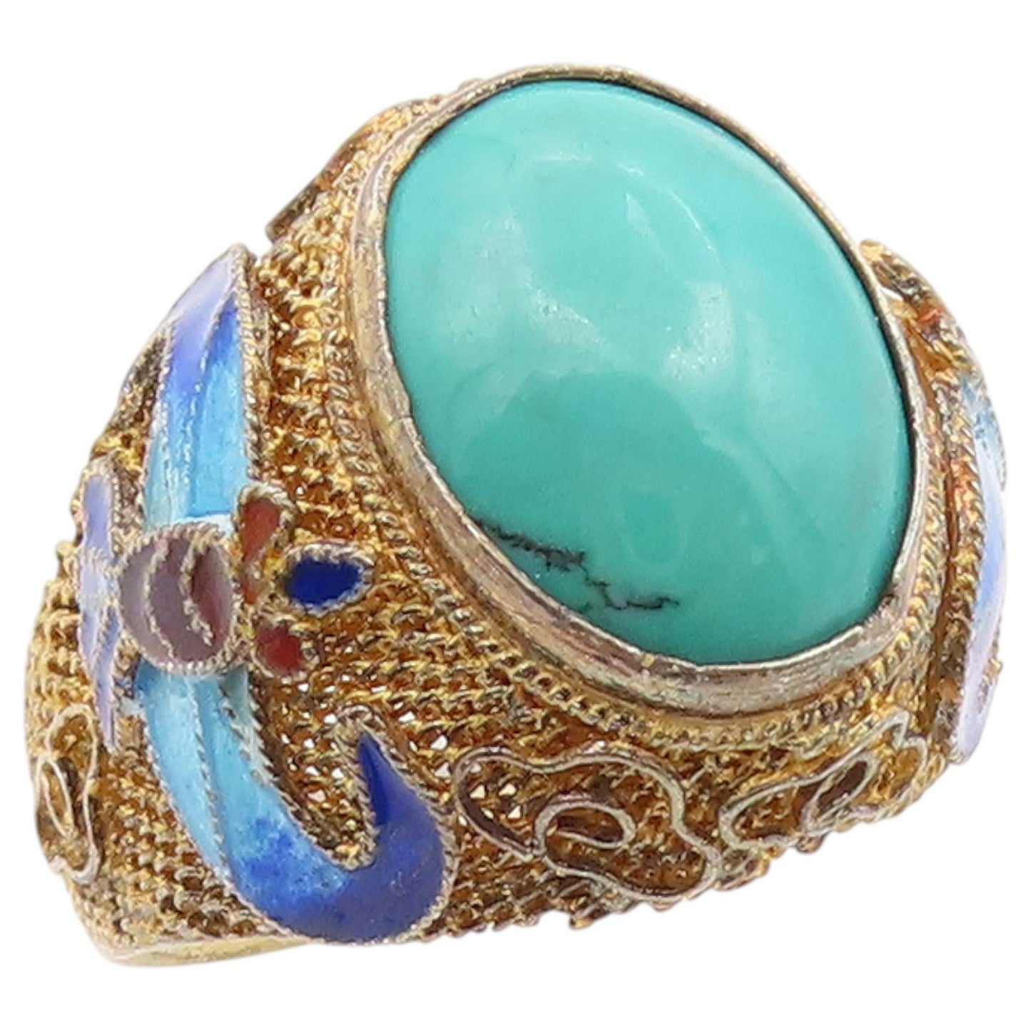 925 Sterling Silver Vintage Ring CHINESE EXPORT Turquoise Filigree Sz 8 RG36599
