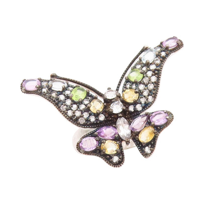 925 Sterling Silver Vintage Ring Gemstones And CZ Butterfly  Sz 8  RG32443