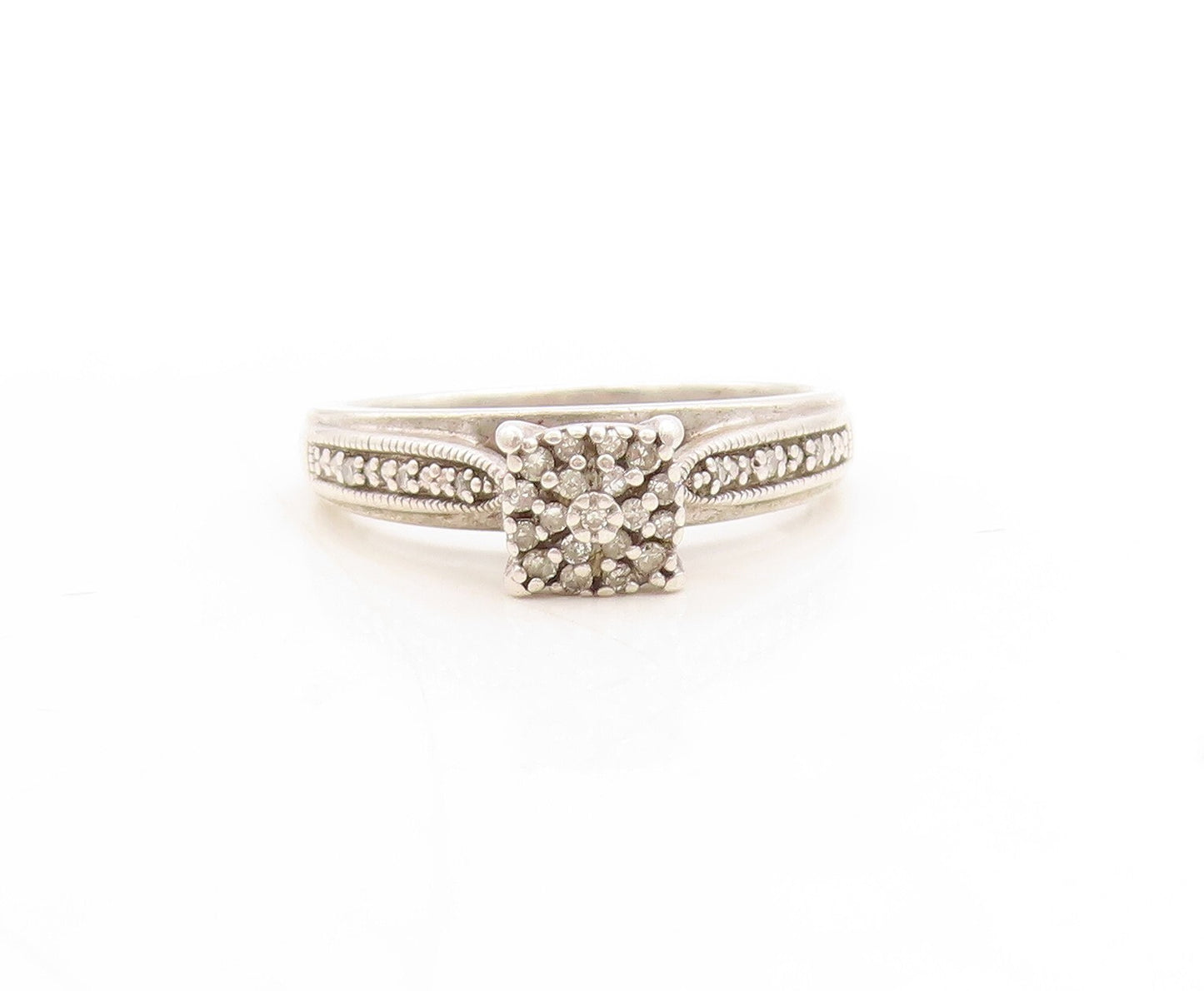 925 Sterling Silver Vintage Ring Square Real Diamonds Inlay  Sz 7  RG31586