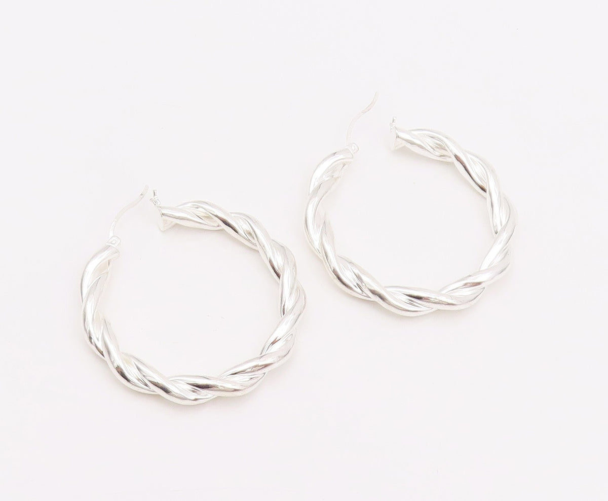 925 Sterling Silver Vintage Earrings Modernist Twisted Wire Design Hoops EG13651