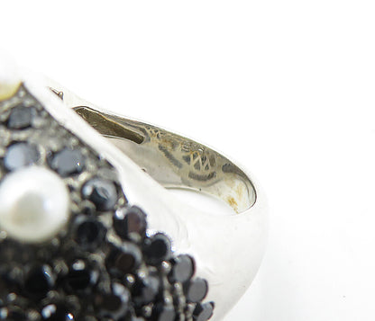 925 Sterling Silver  Pearls & Hematite Modernist Cocktail Ring Sz 7.5  RG6631
