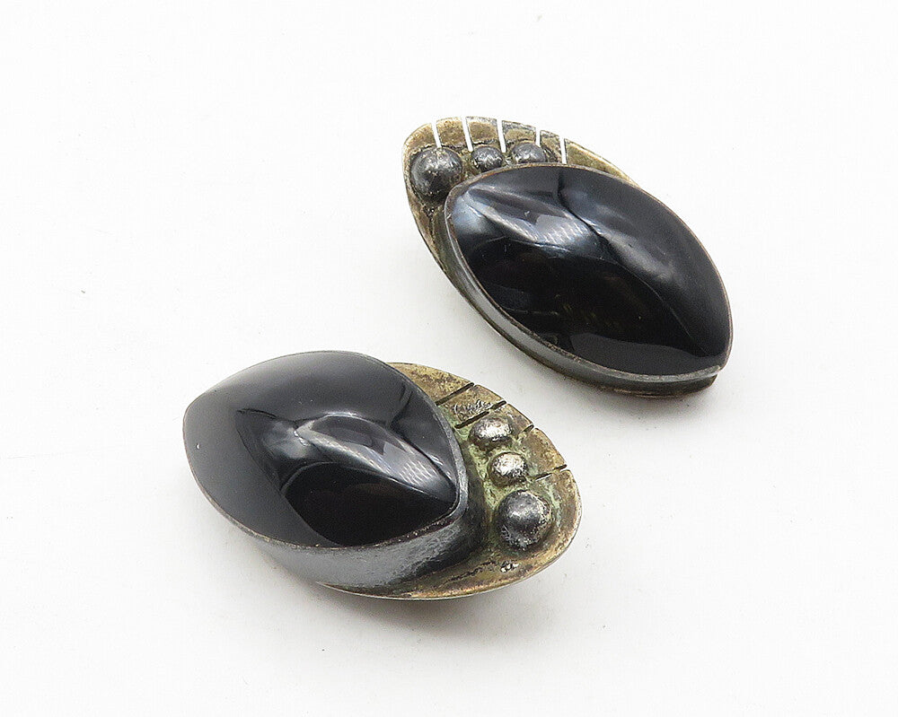 MEXICO 925 Sterling Silver  Vintage Black Onyx Non Pierce Earrings  EG5641