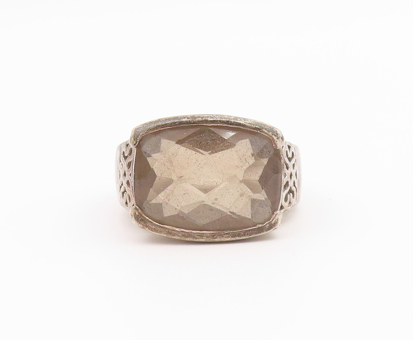 925 Sterling Silver Vintage Ring Smoky Quartz Statement Band  Sz 7  RG36421