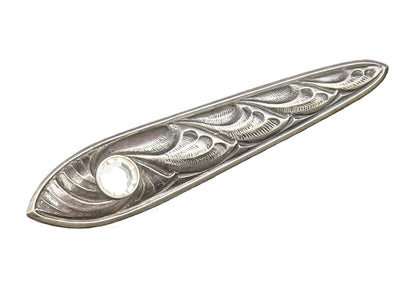 925 Silver  Vintage Inlaid Rhinestone Carved Swirls Linear Brooch Pin  BP9721