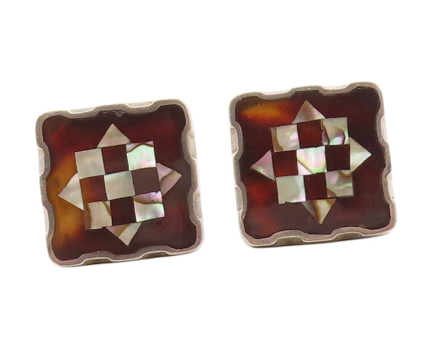 925 Sterling Silver Vintage Cuff Links MEXICO Mother Of Pearl Geometric  TR4049