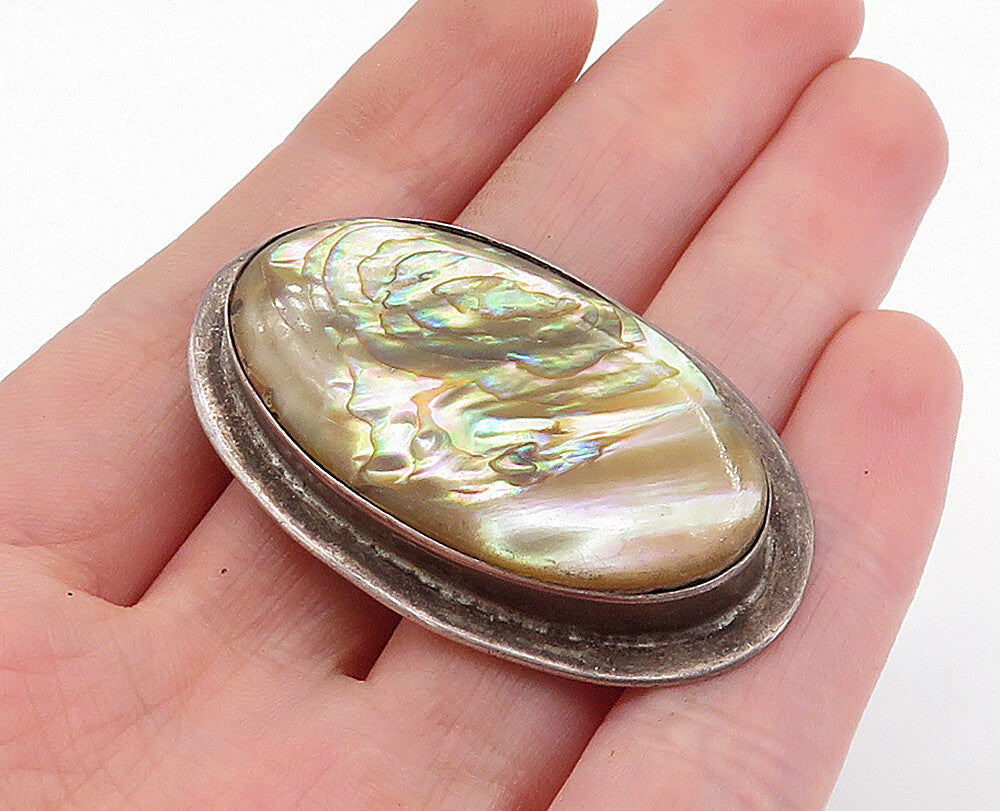 925 Sterling Silver Vintage Minimalist Abalone Shell Oval Pendant PT4606