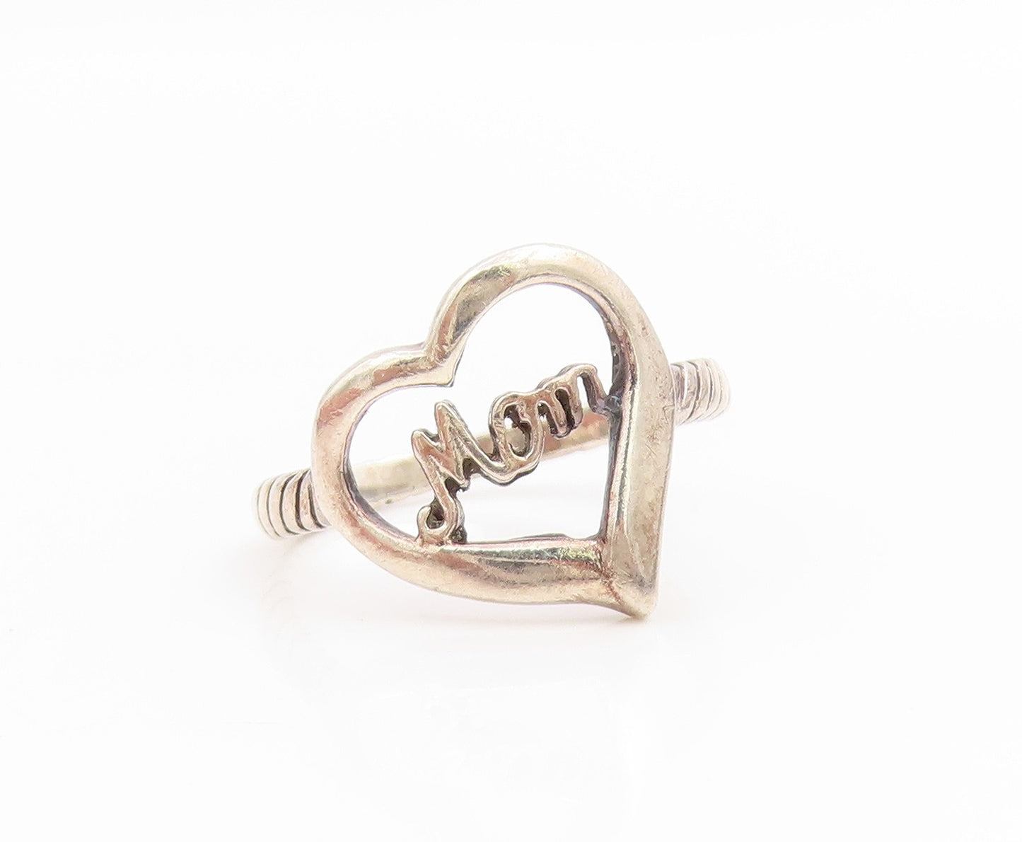 925 Sterling Silver Vintage Ring Open Love Heart Mom Ribbed Band  Sz 7  RG34004