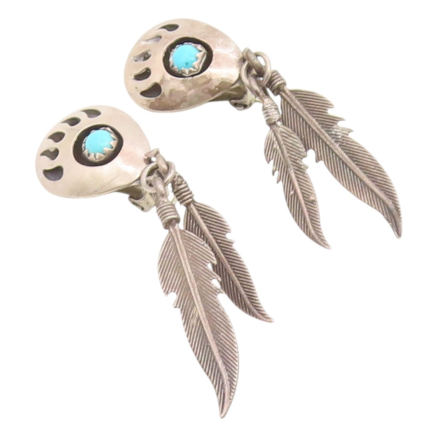 925 Sterling Silver Vintage Earrings NAVAJO  Turquoise Bear Paw Feather  EG14167