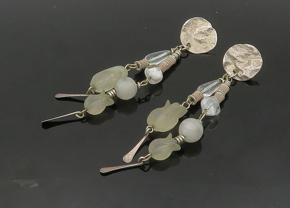 925 Sterling Silver  Vintage Quartz Flower Beaded Dangle Earrings  EG10278