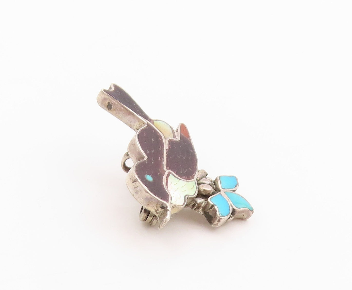 925 Sterling Silver Vintage Brooch NAVAJO ZUNI Turquoise Enameled Bird  BP11821