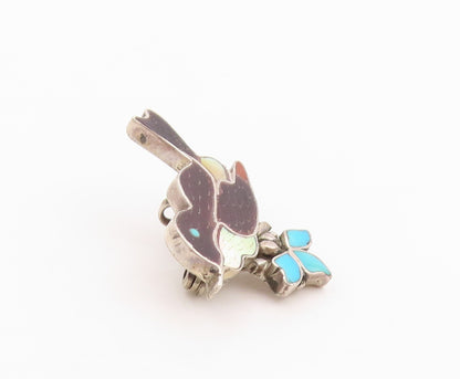 925 Sterling Silver Vintage Brooch NAVAJO ZUNI Turquoise Enameled Bird  BP11821