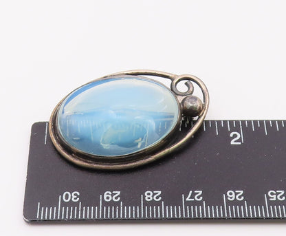 925 Sterling Silver  Vintage Blue Stone Oval Swirl Border Brooch Pin  BP8051