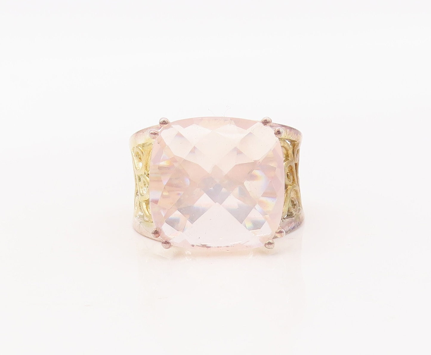 925 Sterling Silver Vintage Ring Gold Plated Swirly Cut Square Gem  Sz 7 RG29317