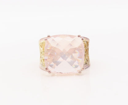 925 Sterling Silver Vintage Ring Gold Plated Swirly Cut Square Gem  Sz 7 RG29317