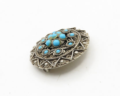 ISRAEL 925 Silver  Vintage Antique Turquoise Floral Pattern Brooch Pin  BP7645