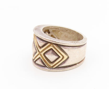 14k Gold & 925 Sterling Silver Vintage Ring Geometric Quilt Band Sz 6.5 RG35793
