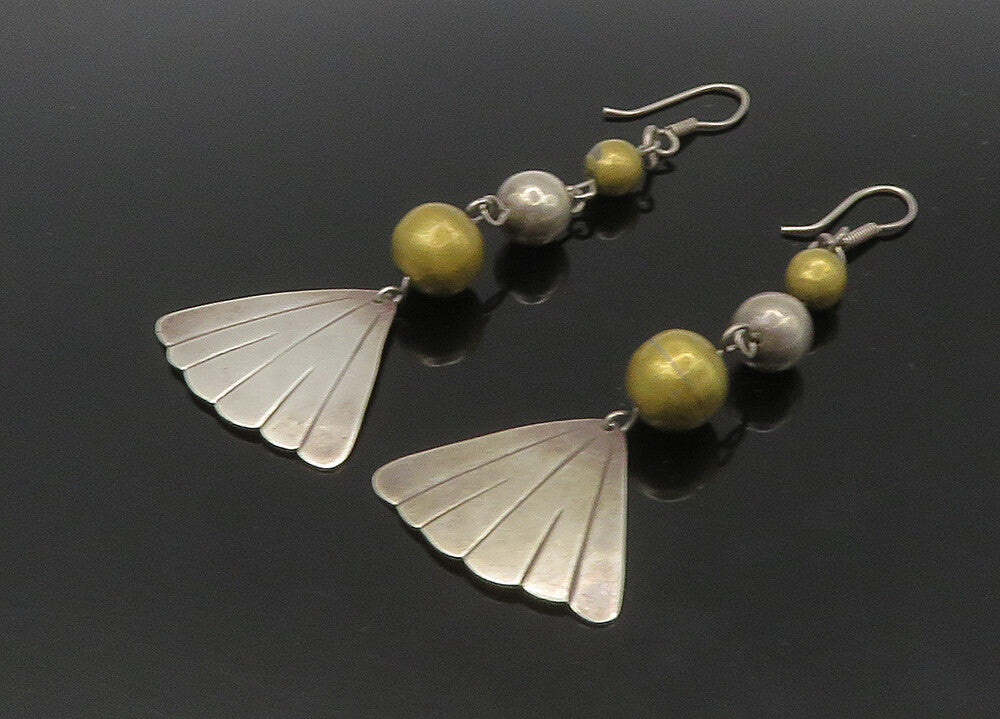 MEXICO 925 Silver  Vintage Shiny Two Tone Fan Style Dangle Earrings  EG11157