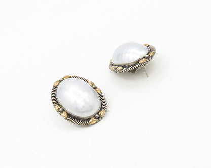 925 Sterling Silver & 12K GOLD  Vintage Pearl Dome Non Pierce Earrings  EG9268