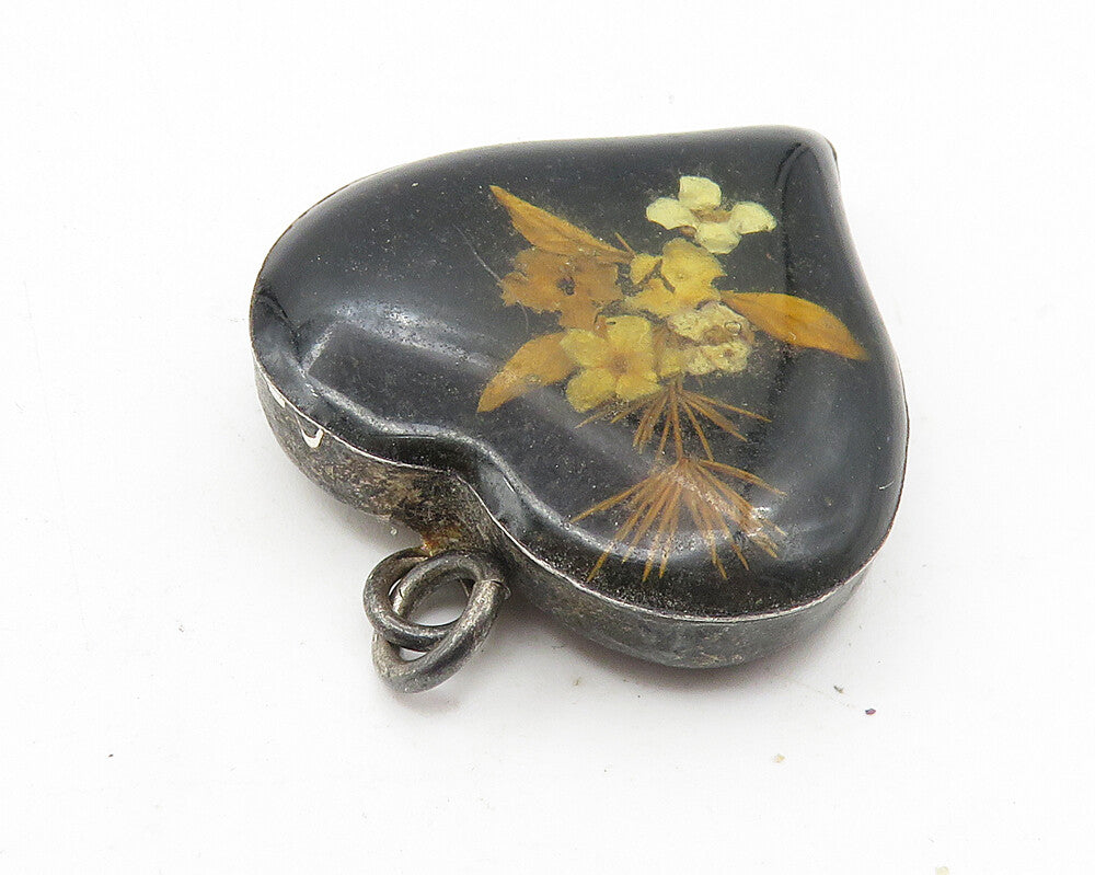 925 Sterling Silver  Vintage Flower Glass Art Love Heart Drop Pendant  PT7968